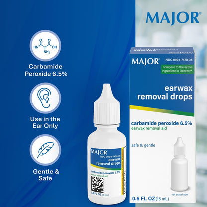 MAJOR Ohrenschmalzentfernungstropfen mit 6,5% Carbamidperoxid – Sanfte & sichere Ohrenreinigung für Erwachsene & Kinder ab 12 Jahren – Ohrenreinigungslösung, 0,5 Fl. Oz. (15 ml) (Packung mit 1)