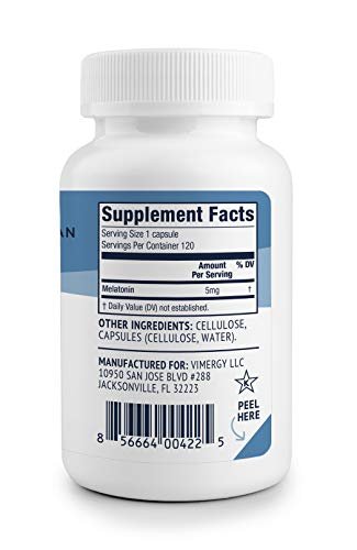Vimergy Melatonin – Natürliches Schlafmittel – Schlafergänzung – Hilft schneller einzuschlafen & länger durchzuschlafen – Nicht-GVO, glutenfrei, koscher, sojafrei, vegan, paleo (120 Kapseln)