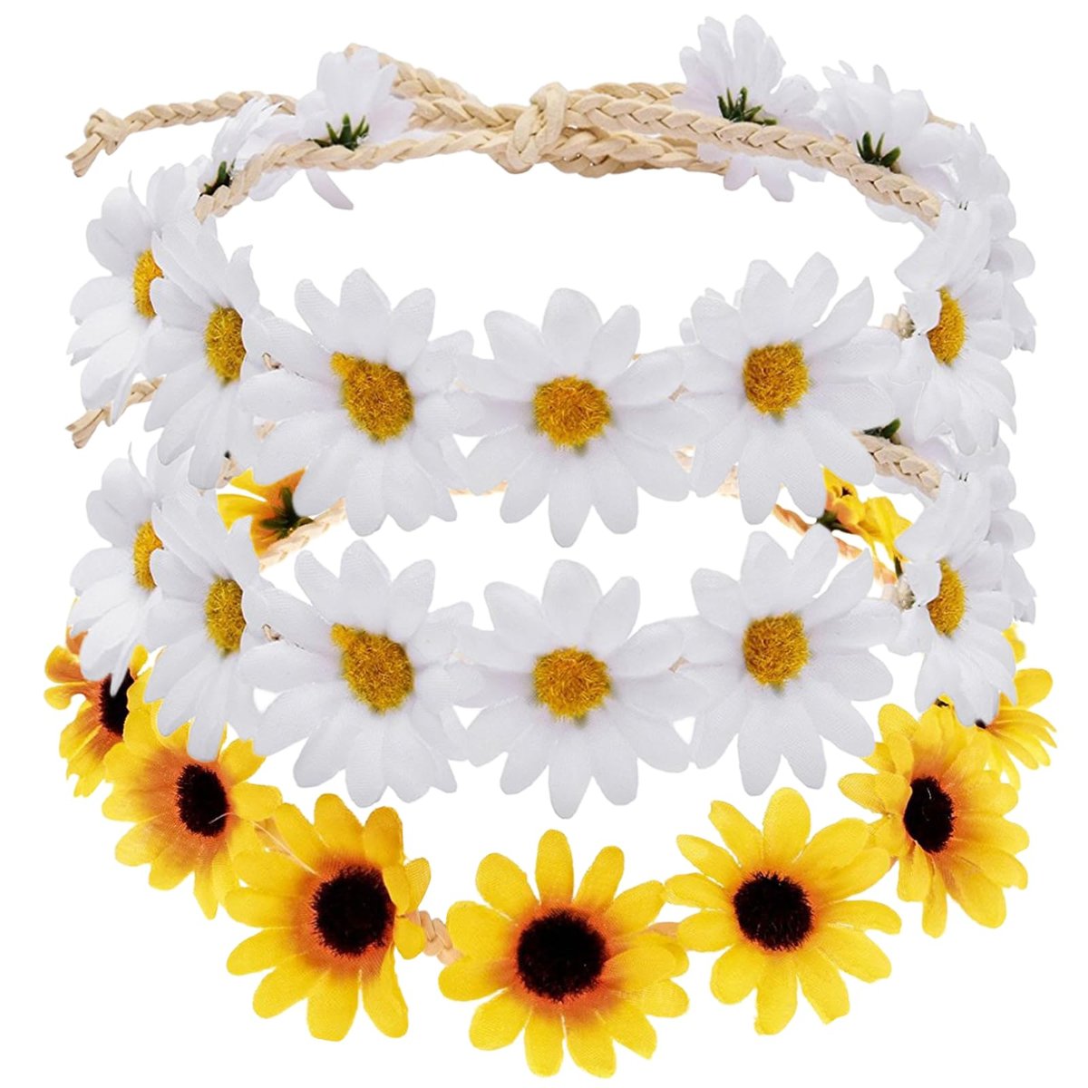 Bnikion 3er-Set Sonnenblumen-Stirnband, Hippie-Kopfband Blumenkranz für Frauen & Mädchen, 70er Jahre Boho-Hut-Accessoire für Hochzeit, Sommer, Strand, Party, Haarwreath