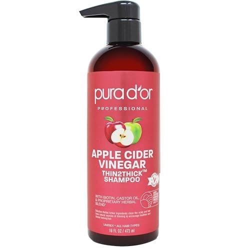 PURA D'OR 16 Oz Apfelessig Thin2Thick Shampoo - Biotin, Rizinusöl gegen Frizz, Spliss, klärend & entgiftend, ohne Parabene, ohne Sulfate, für alle Haartypen, Männer & Frauen