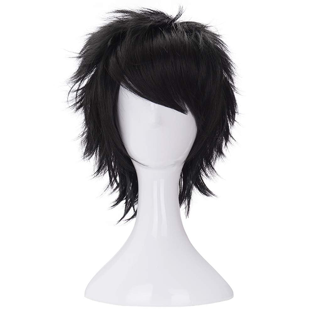 Morvally Kurze, messy schwarze hitzebeständige Kunsthaarperücke für Cosplay, Halloween, Anime