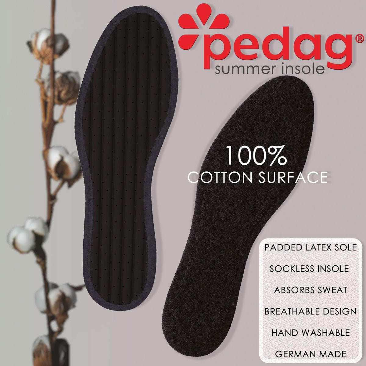 Pedag Summer Einlegesohlen aus reiner Baumwollfrottee, handgefertigt in Deutschland, absorbiert Schweiß & kontrolliert Gerüche, ideal für das Tragen ohne Socken, waschbar, US Damen 8/ Herren 5/ EU 38, Schwarz, 3 Paar