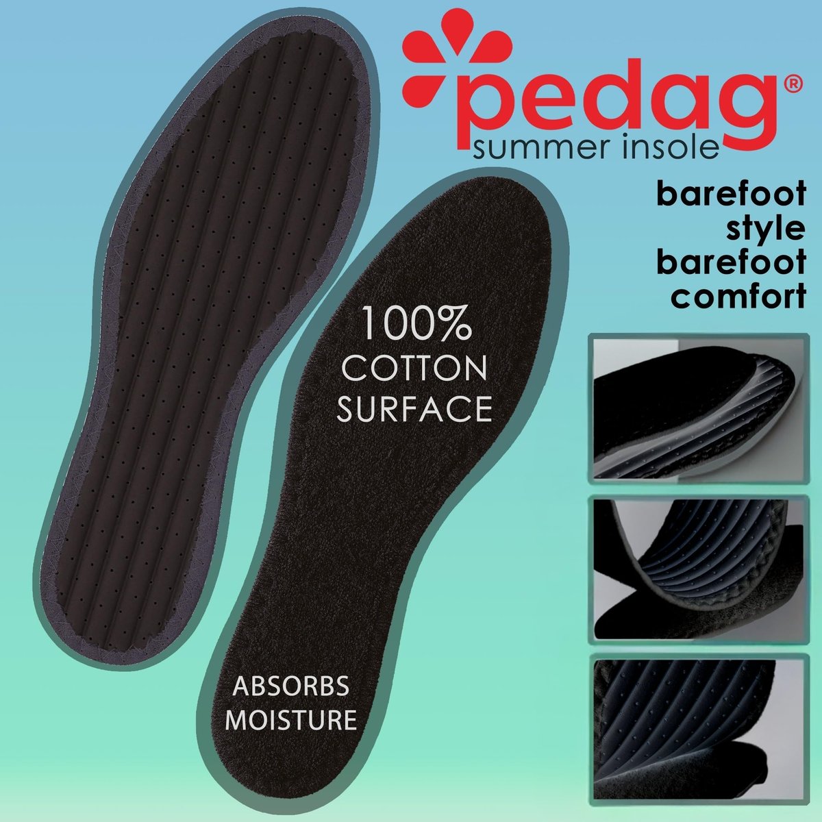 Pedag Summer Einlegesohlen aus reiner Baumwollfrottee, handgefertigt in Deutschland, absorbiert Schweiß & kontrolliert Gerüche, ideal für das Tragen ohne Socken, waschbar, US Damen 8/ Herren 5/ EU 38, Schwarz, 3 Paar