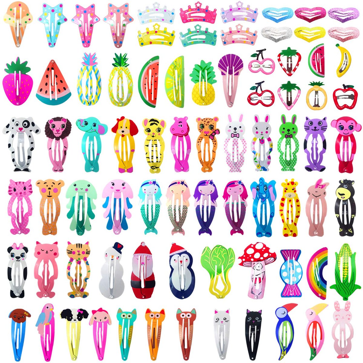 Funtopia 80-teilige Haarklammern für Mädchen - Niedliche Tier- und Fruchtmotive, Metall-Snap-Klammern für Kinder, Teenager und Haustiere