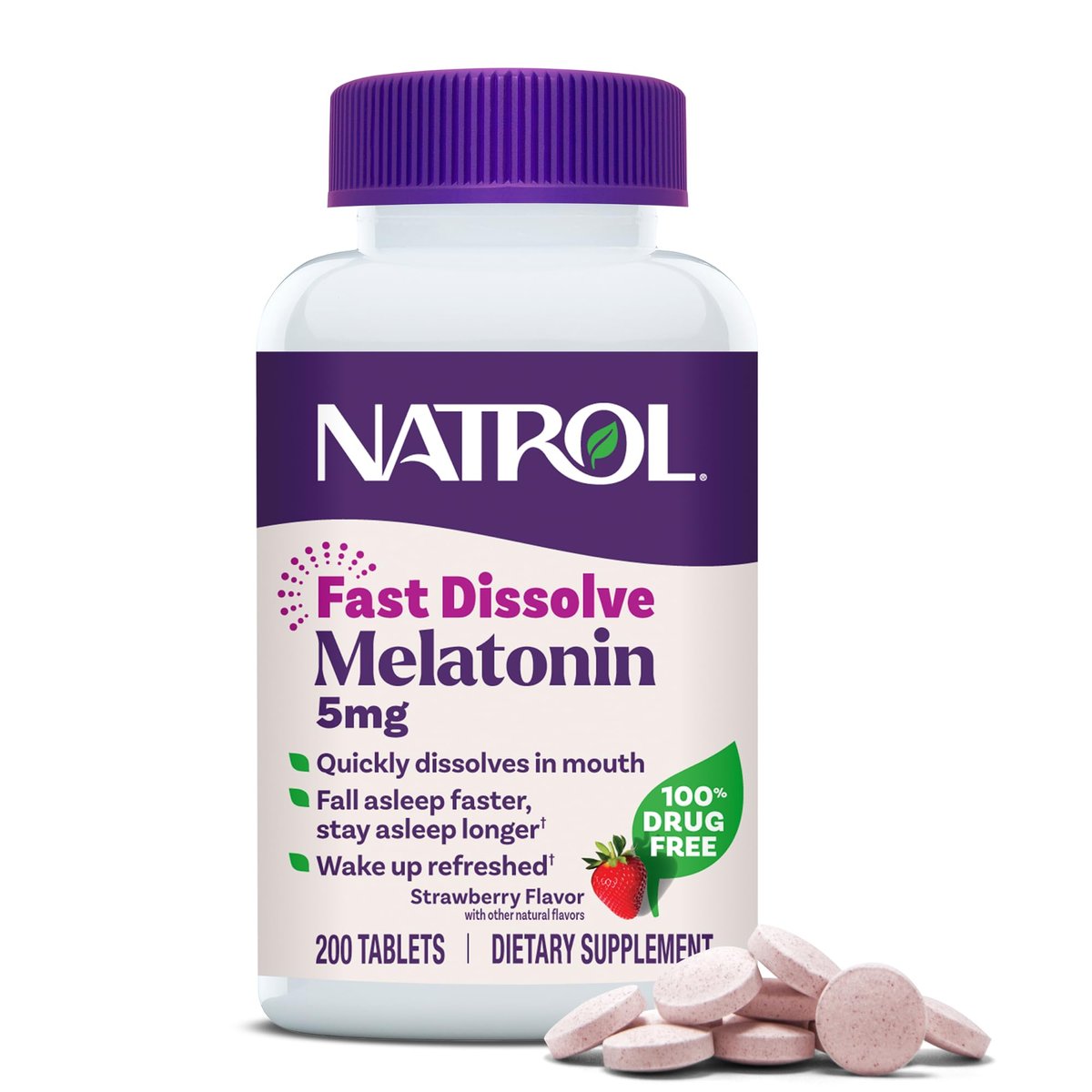 Natrol Melatonin 5mg Fast Dissolve Tabletten – Einschlafhilfe für Erwachsene, Erdbeergeschmack, 200 Tabletten, bis zu 200 Tage Versorgung