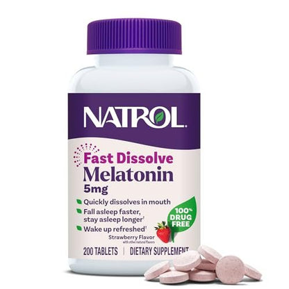 Natrol Melatonin 5mg Fast Dissolve Tabletten – Einschlafhilfe für Erwachsene, Erdbeergeschmack, 200 Tabletten, bis zu 200 Tage Versorgung