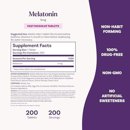 Natrol Melatonin 5mg Fast Dissolve Tabletten – Einschlafhilfe für Erwachsene, Erdbeergeschmack, 200 Tabletten, bis zu 200 Tage Versorgung