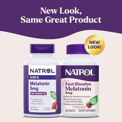 Natrol Melatonin 5mg Fast Dissolve Tabletten – Einschlafhilfe für Erwachsene, Erdbeergeschmack, 200 Tabletten, bis zu 200 Tage Versorgung