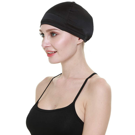FocusCare 100% Maulbeerseide Perückenkappe – Schwarze elastische Glatze für Damen bei Haarausfall und Krebs