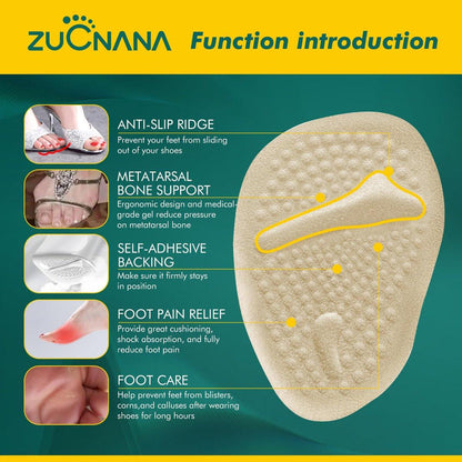 ZUCNANA Ballenpolster (Beige) | Metatarsal Pads für Damen (6 Paar Fußpolster) | Wiederverwendbare Schuheinlagen zur Schmerzlinderung | Rutschfeste Fersenpolster, ideal bei Neurom und Hornhaut