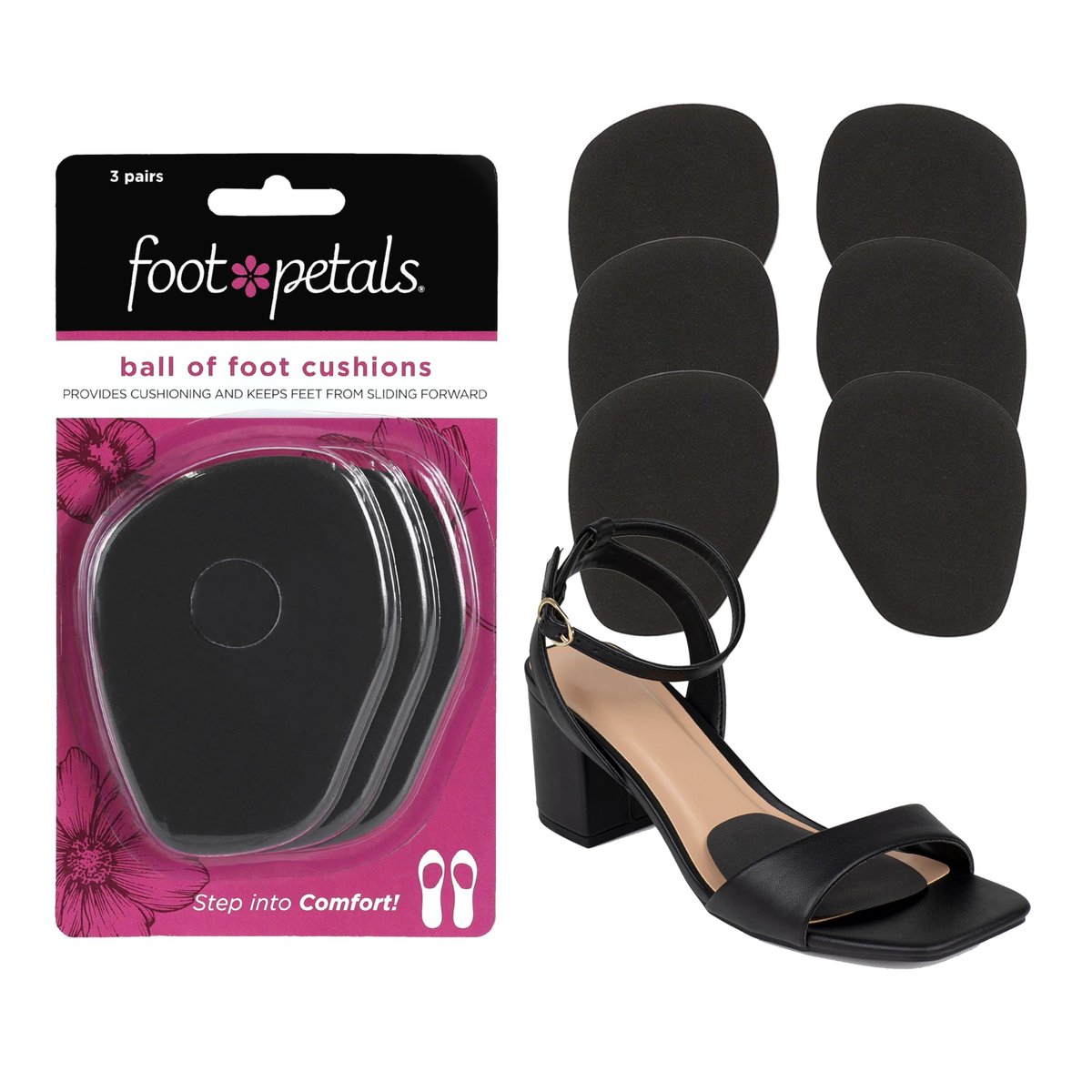Foot Petals Ball of Foot Cushions, Metatarsal Pad, für langanhaltenden Komfort und Entlastung, verhindert Zehenrutschen und Überhang, für Damenabsätze, 3 Paar, Schwarz