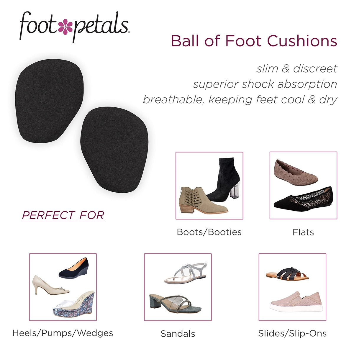 Foot Petals Ball of Foot Cushions, Metatarsal Pad, für langanhaltenden Komfort und Entlastung, verhindert Zehenrutschen und Überhang, für Damenabsätze, 3 Paar, Schwarz