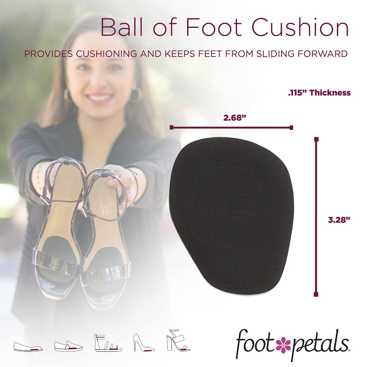 Foot Petals Ball of Foot Cushions, Metatarsal Pad, für langanhaltenden Komfort und Entlastung, verhindert Zehenrutschen und Überhang, für Damenabsätze, 3 Paar, Schwarz