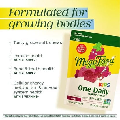 MegaFood Kids One Daily Multivitamin Soft Chews - Kindervitamine mit Vitamin B, C, D & E - ab 4 Jahren, vegetarisch, ohne 9 Hauptallergene - Traubengeschmack - 30 Soft Chews
