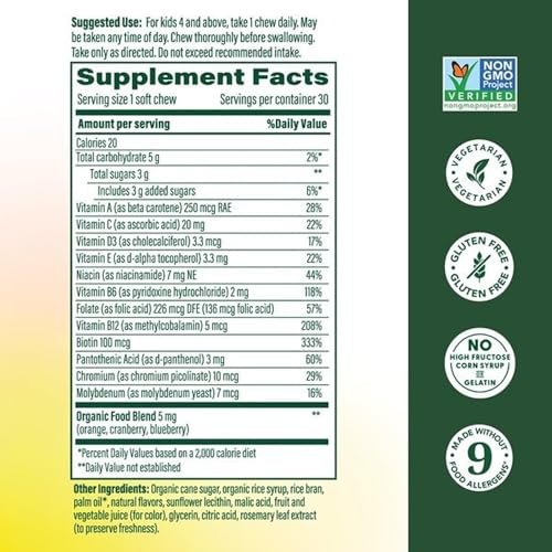 MegaFood Kids One Daily Multivitamin Soft Chews - Kindervitamine mit Vitamin B, C, D & E - ab 4 Jahren, vegetarisch, ohne 9 Hauptallergene - Traubengeschmack - 30 Soft Chews