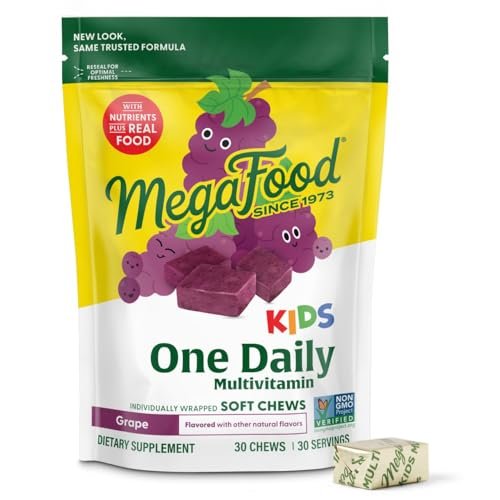 MegaFood Kids One Daily Multivitamin Soft Chews - Kindervitamine mit Vitamin B, C, D & E - ab 4 Jahren, vegetarisch, ohne 9 Hauptallergene - Traubengeschmack - 30 Soft Chews