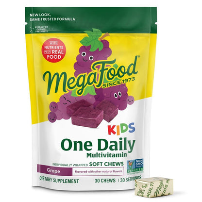 MegaFood Kids One Daily Multivitamin Soft Chews - Kindervitamine mit Vitamin B, C, D & E - ab 4 Jahren, vegetarisch, ohne 9 Hauptallergene - Traubengeschmack - 30 Soft Chews