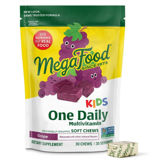 MegaFood Kids One Daily Multivitamin Soft Chews - Kindervitamine mit Vitamin B, C, D & E - ab 4 Jahren, vegetarisch, ohne 9 Hauptallergene - Traubengeschmack - 30 Soft Chews