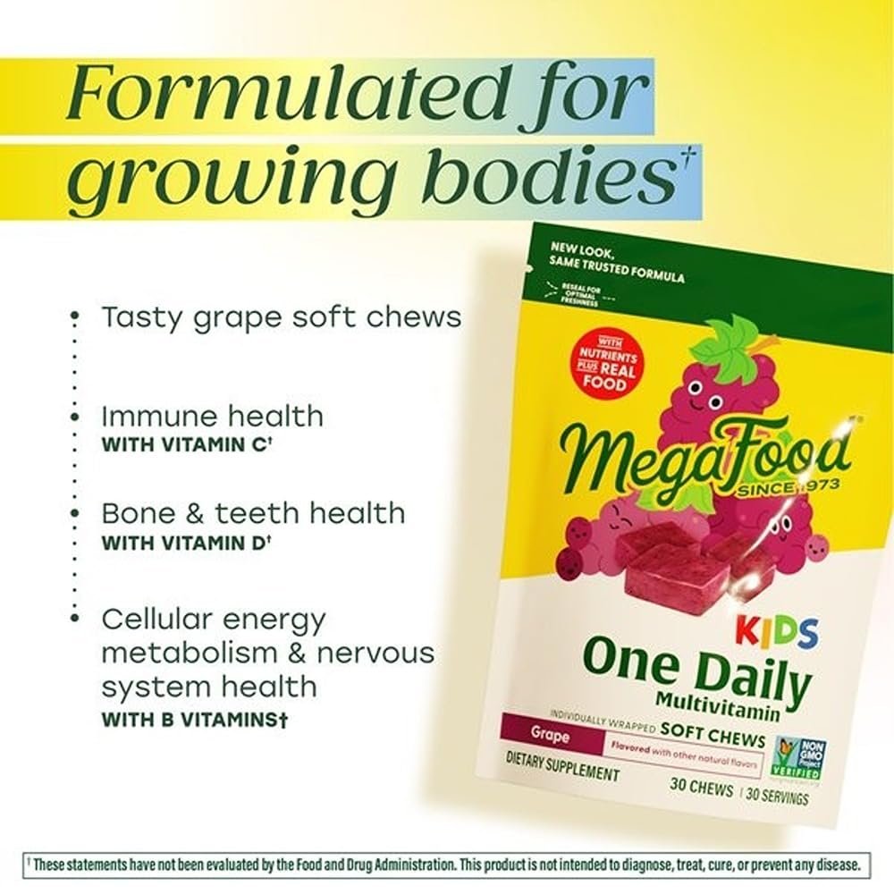MegaFood Kids One Daily Multivitamin Soft Chews - Kindervitamine mit Vitamin B, C, D & E - ab 4 Jahren, vegetarisch, ohne 9 Hauptallergene - Traubengeschmack - 30 Soft Chews