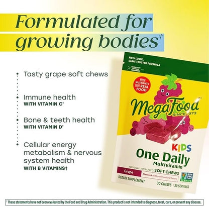 MegaFood Kids One Daily Multivitamin Soft Chews - Kindervitamine mit Vitamin B, C, D & E - ab 4 Jahren, vegetarisch, ohne 9 Hauptallergene - Traubengeschmack - 30 Soft Chews