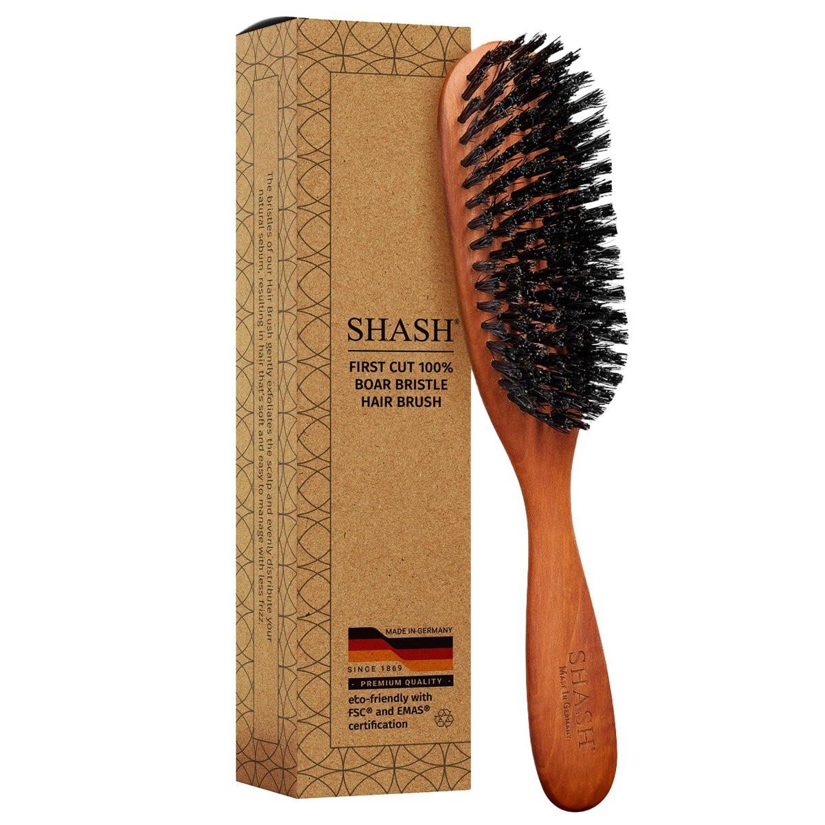 SHASH Classic German First Cut 100% Wildschweinborsten-Haarbürste seit 1869 – Pflegt das Haar, verbessert die Textur, peelt die Kopfhaut, für feines bis normales Haar (nicht für grobes Haar!)