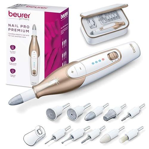 Beurer MP64 Nagelbohrer Set, Kabellose elektrische Nagelfeile mit 10 Aufsätzen und LED-Licht, Elektrisches Maniküre-Set mit einstellbarer Geschwindigkeit, E-Feile für Maniküre und Pediküre, mit Aufbewahrungskoffer