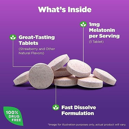 Natrol Melatonin 1 mg Schmelztabletten – 200 Erdbeer-Geschmack Tabletten für erholsamen Schlaf, Schlafunterstützung für Erwachsene