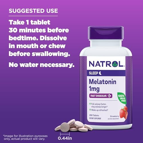 Natrol Melatonin 1 mg Schmelztabletten – 200 Erdbeer-Geschmack Tabletten für erholsamen Schlaf, Schlafunterstützung für Erwachsene