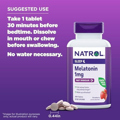 Natrol Melatonin 1 mg Schmelztabletten – 200 Erdbeer-Geschmack Tabletten für erholsamen Schlaf, Schlafunterstützung für Erwachsene