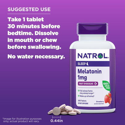 Natrol Melatonin 1 mg Schmelztabletten – 200 Erdbeer-Geschmack Tabletten für erholsamen Schlaf, Schlafunterstützung für Erwachsene