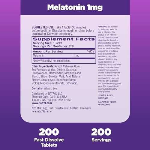 Natrol Melatonin 1 mg Schmelztabletten – 200 Erdbeer-Geschmack Tabletten für erholsamen Schlaf, Schlafunterstützung für Erwachsene