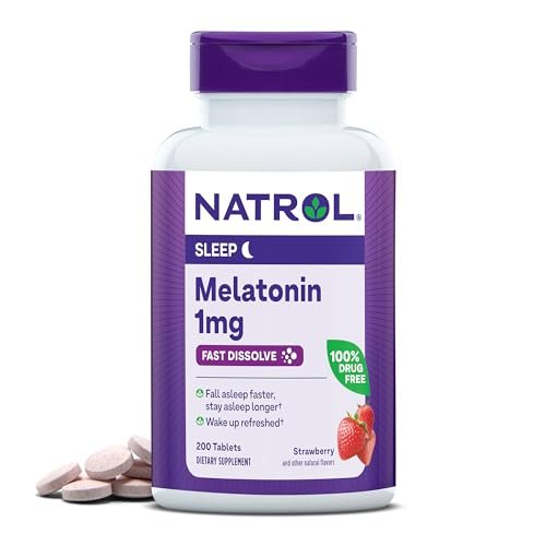 Natrol Melatonin 1 mg Schmelztabletten – 200 Erdbeer-Geschmack Tabletten für erholsamen Schlaf, Schlafunterstützung für Erwachsene