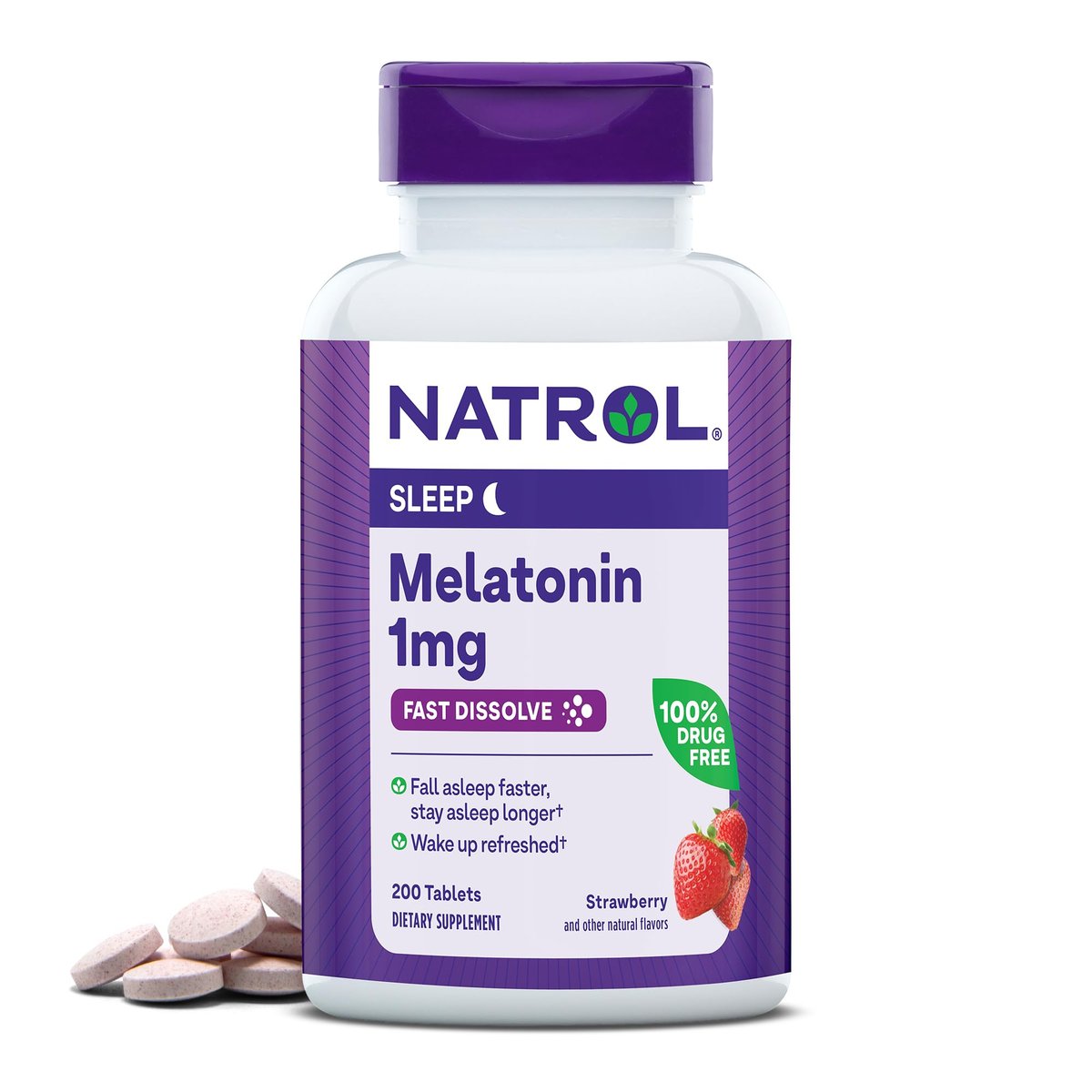 Natrol Melatonin 1 mg Schmelztabletten – 200 Erdbeer-Geschmack Tabletten für erholsamen Schlaf, Schlafunterstützung für Erwachsene