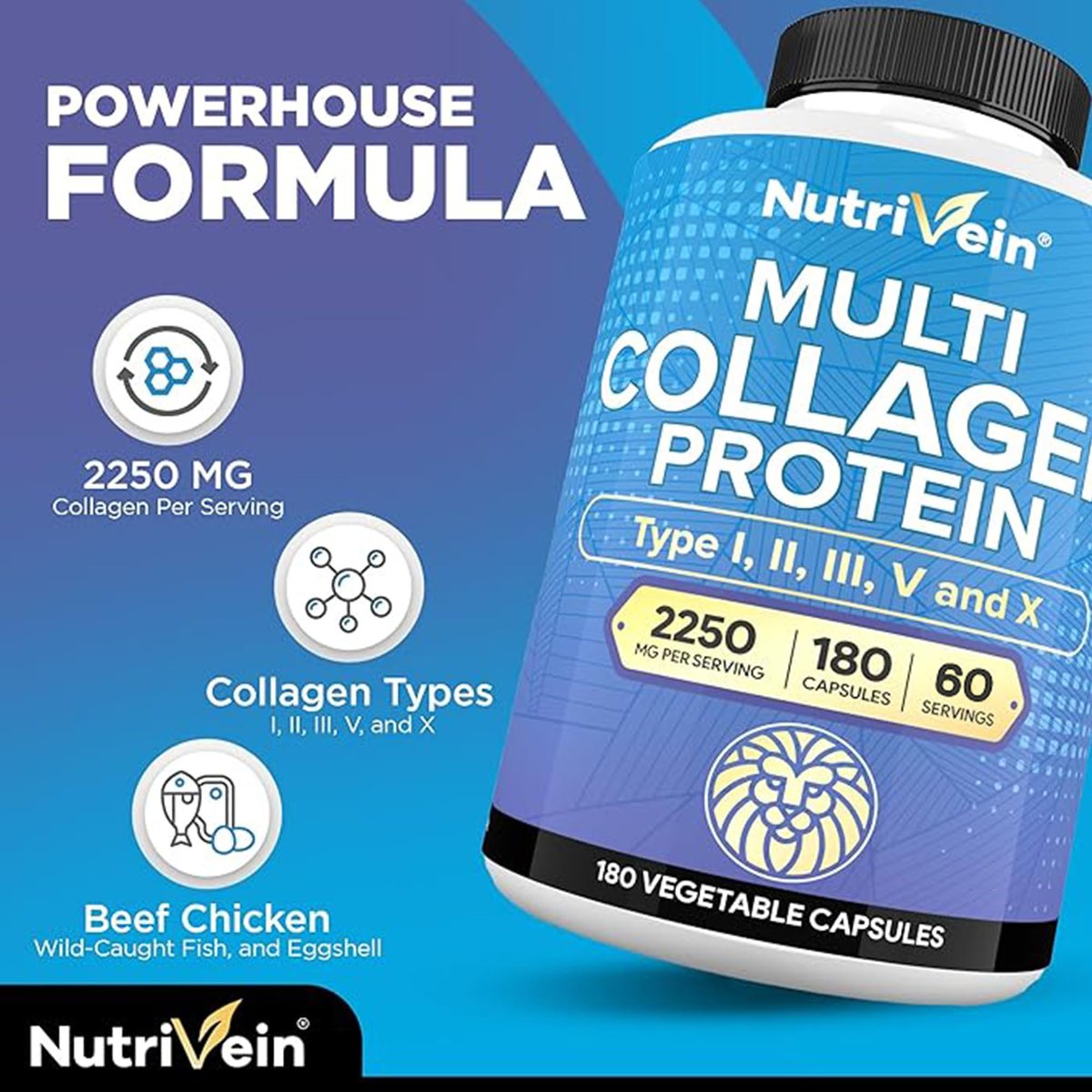 Nutrivein Premium Multi-Kollagen Kapseln 2250 mg – 180 leicht zu schluckende Kollagenkapseln: Typ I, II, III, V, X hydrolysierte Proteinpeptide für Frauen und Männer – Anti-Aging, Gelenke, Haare, Haut, Knochen & Nägel