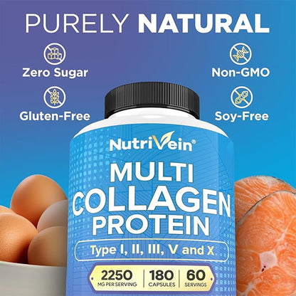 Nutrivein Premium Multi-Kollagen Kapseln 2250 mg – 180 leicht zu schluckende Kollagenkapseln: Typ I, II, III, V, X hydrolysierte Proteinpeptide für Frauen und Männer – Anti-Aging, Gelenke, Haare, Haut, Knochen & Nägel