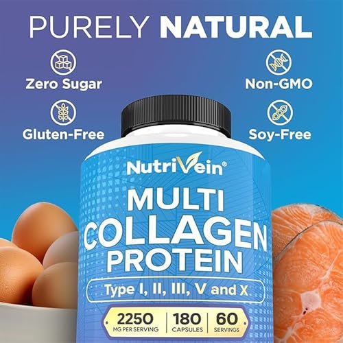 Nutrivein Premium Multi-Kollagen Kapseln 2250 mg – 180 leicht zu schluckende Kollagenkapseln: Typ I, II, III, V, X hydrolysierte Proteinpeptide für Frauen und Männer – Anti-Aging, Gelenke, Haare, Haut, Knochen & Nägel