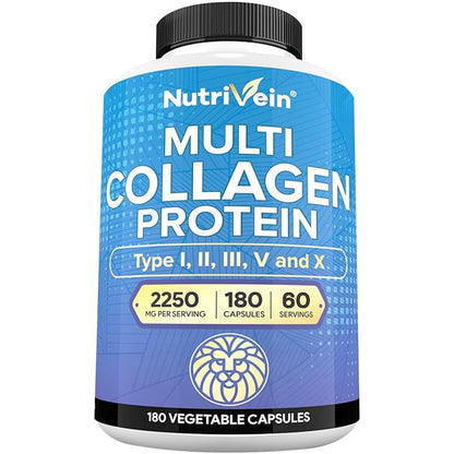Nutrivein Premium Multi-Kollagen Kapseln 2250 mg – 180 leicht zu schluckende Kollagenkapseln: Typ I, II, III, V, X hydrolysierte Proteinpeptide für Frauen und Männer – Anti-Aging, Gelenke, Haare, Haut, Knochen & Nägel