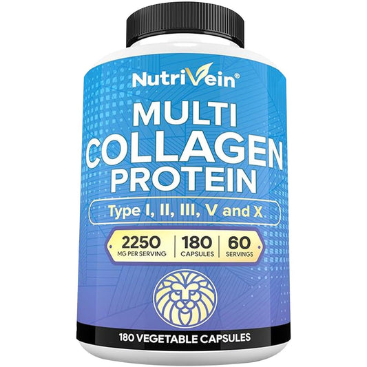 Nutrivein Premium Multi-Kollagen Kapseln 2250 mg – 180 leicht zu schluckende Kollagenkapseln: Typ I, II, III, V, X hydrolysierte Proteinpeptide für Frauen und Männer – Anti-Aging, Gelenke, Haare, Haut, Knochen & Nägel
