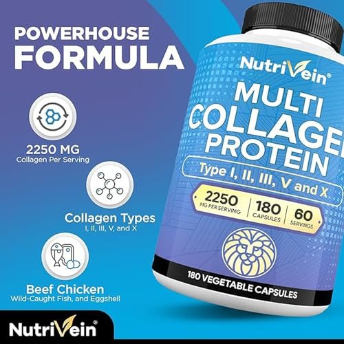 Nutrivein Premium Multi-Kollagen Kapseln 2250 mg – 180 leicht zu schluckende Kollagenkapseln: Typ I, II, III, V, X hydrolysierte Proteinpeptide für Frauen und Männer – Anti-Aging, Gelenke, Haare, Haut, Knochen & Nägel