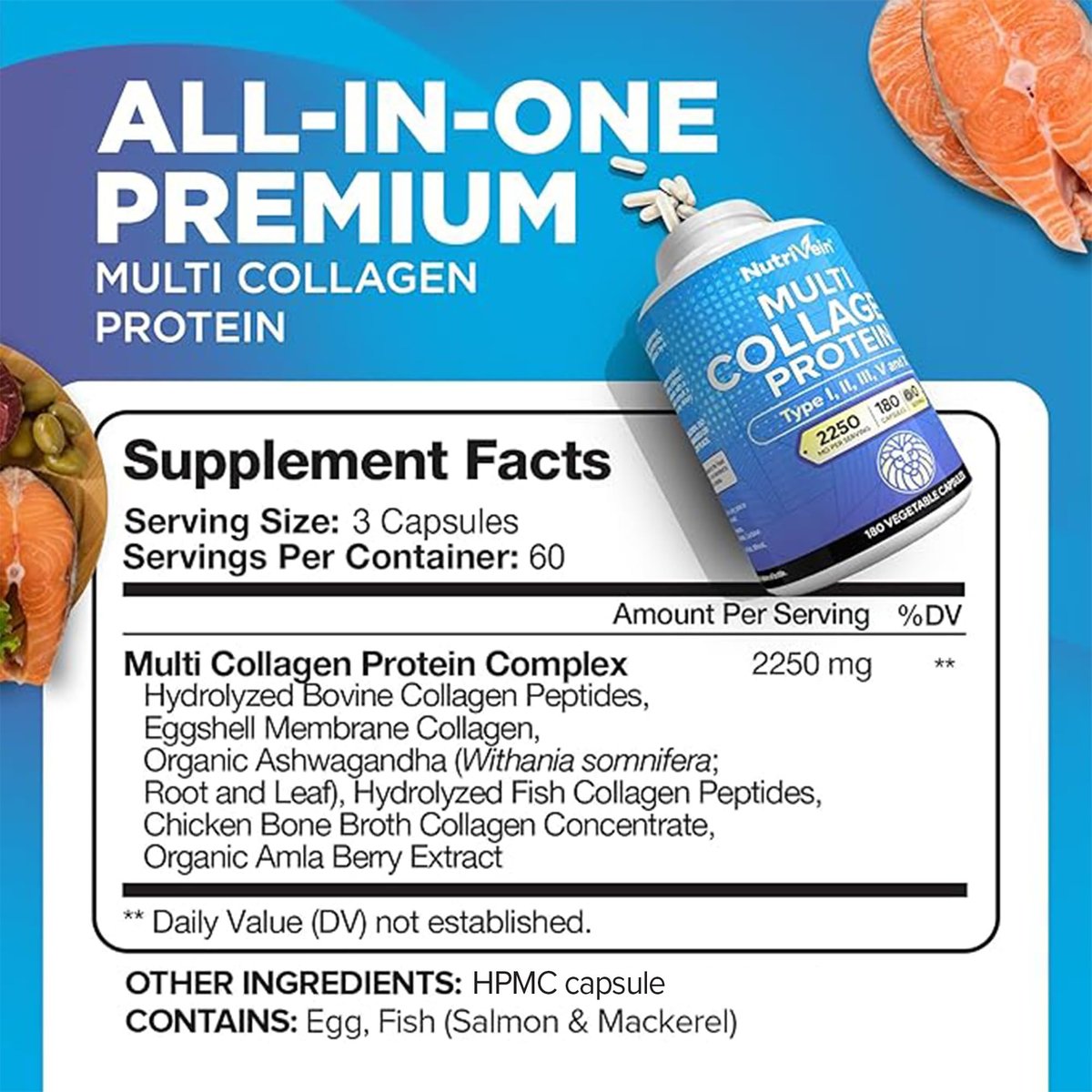 Nutrivein Premium Multi-Kollagen Kapseln 2250 mg – 180 leicht zu schluckende Kollagenkapseln: Typ I, II, III, V, X hydrolysierte Proteinpeptide für Frauen und Männer – Anti-Aging, Gelenke, Haare, Haut, Knochen & Nägel