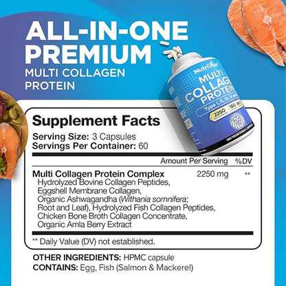 Nutrivein Premium Multi-Kollagen Kapseln 2250 mg – 180 leicht zu schluckende Kollagenkapseln: Typ I, II, III, V, X hydrolysierte Proteinpeptide für Frauen und Männer – Anti-Aging, Gelenke, Haare, Haut, Knochen & Nägel
