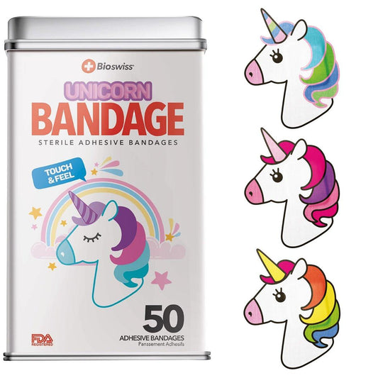 BioSwiss Pflaster, Einhorn-förmige selbstklebende Pflaster, Latexfrei, Sterile Wundversorgung, 50 Stück