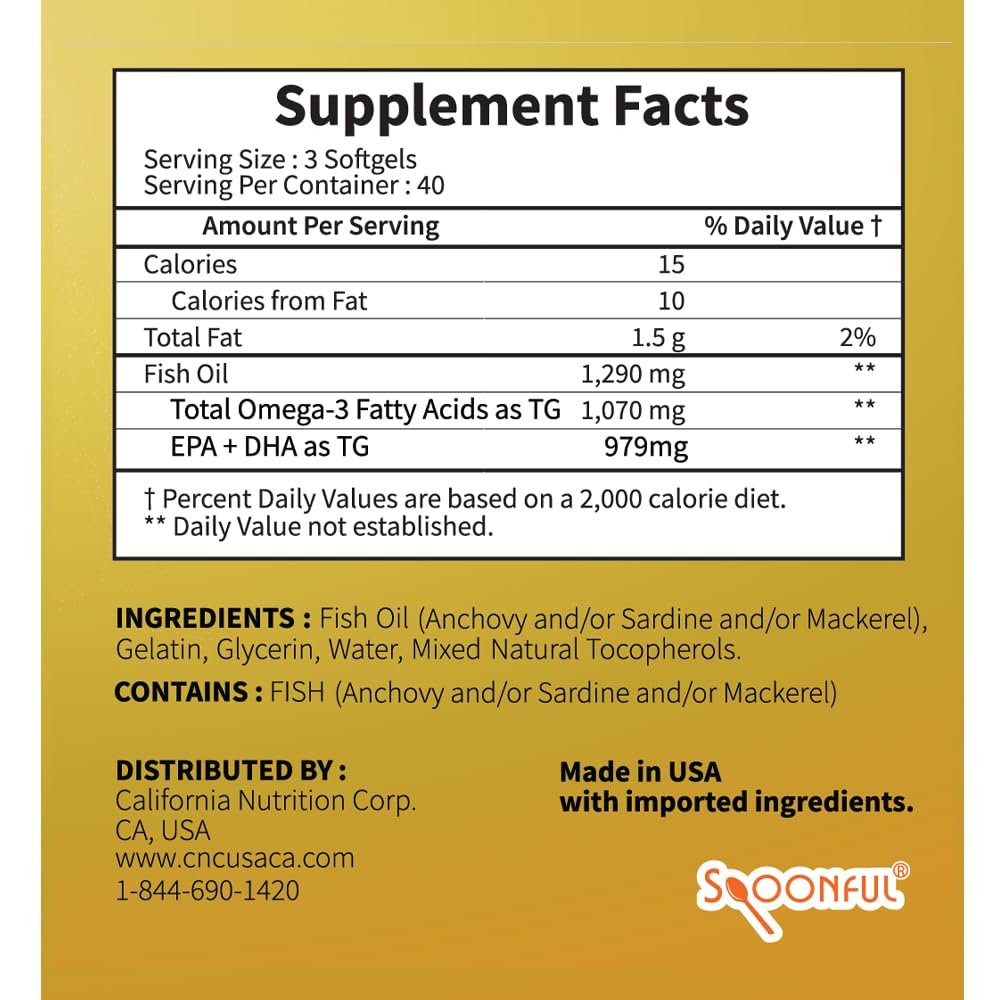 Spoonful Mini Omega 3 Fischöl, iFOS zertifiziert, 1290 mg pro Portion, 120 kleine Softgel-Kapseln, leicht zu schlucken, hergestellt in USA