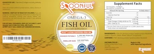 Spoonful Mini Omega 3 Fischöl, iFOS zertifiziert, 1290 mg pro Portion, 120 kleine Softgel-Kapseln, leicht zu schlucken, hergestellt in USA