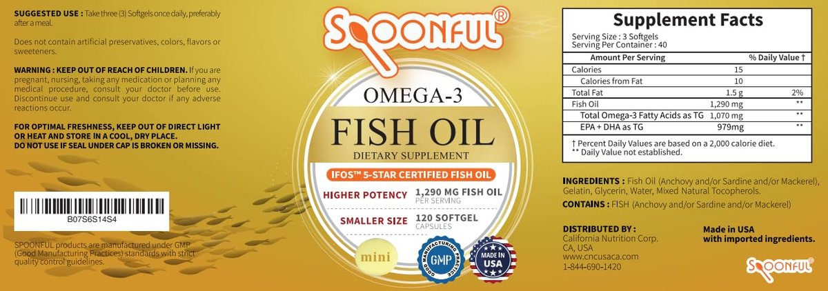 Spoonful Mini Omega 3 Fischöl, iFOS zertifiziert, 1290 mg pro Portion, 120 kleine Softgel-Kapseln, leicht zu schlucken, hergestellt in USA