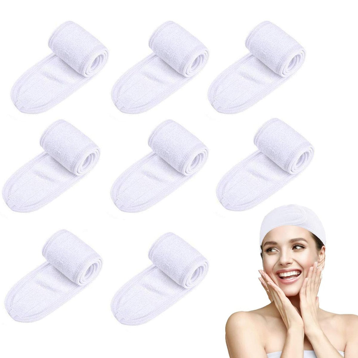 Tatibana Weißes Elastisches Frottee-Spa-Stirnband, 8-teiliges Set Gesichts-Haarband Waschbares Make-up-Stirnband mit Klettverschluss