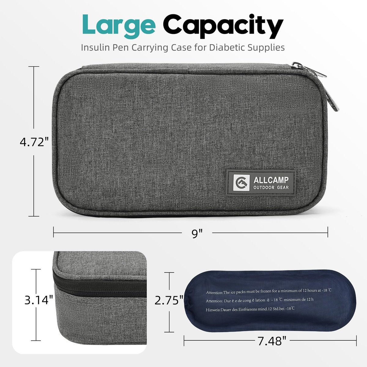 ALLCAMP Insulin-Kühler Reiseetui TSA-zugelassen, Diabetiker-Medikamentenkühltasche mit 4 Kühlakkus & mehrschichtiger Aufbewahrung, tragbare medizinische Kühltasche mit Isolierfutter (Grau)