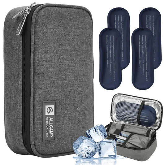 ALLCAMP Insulin-Kühler Reiseetui TSA-zugelassen, Diabetiker-Medikamentenkühltasche mit 4 Kühlakkus & mehrschichtiger Aufbewahrung, tragbare medizinische Kühltasche mit Isolierfutter (Grau)