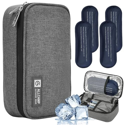ALLCAMP Insulin-Kühler Reiseetui TSA-zugelassen, Diabetiker-Medikamentenkühltasche mit 4 Kühlakkus & mehrschichtiger Aufbewahrung, tragbare medizinische Kühltasche mit Isolierfutter (Grau)