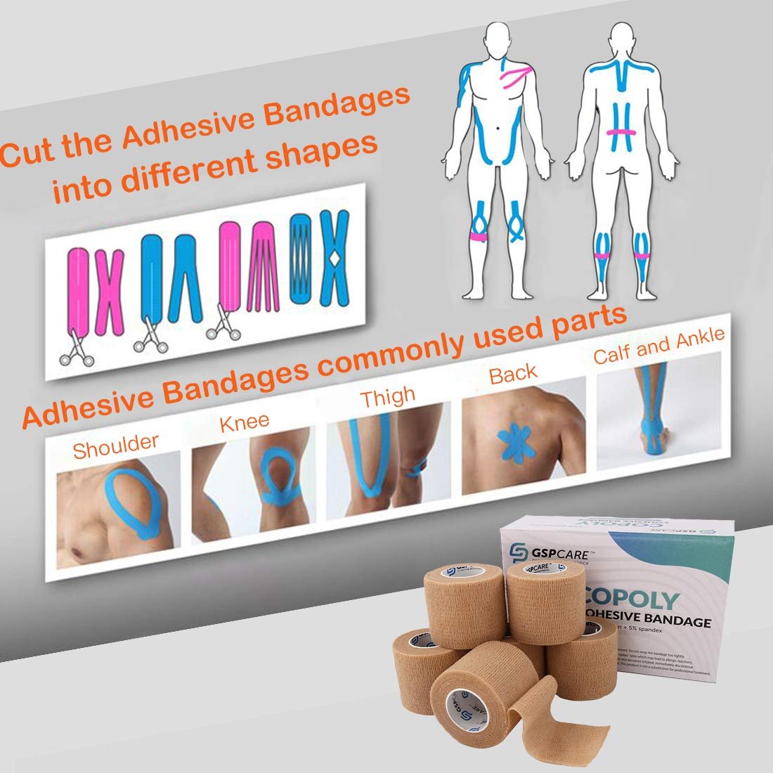 Selbsthaftende Kohäsivbandagen 6er-Pack 5 cm x 4,5 m, medizinisches Tape, atmungsaktive elastische First-Hilfe-Binde, Sportbandage für Knöchelverstauchungen & Schwellungen, beige